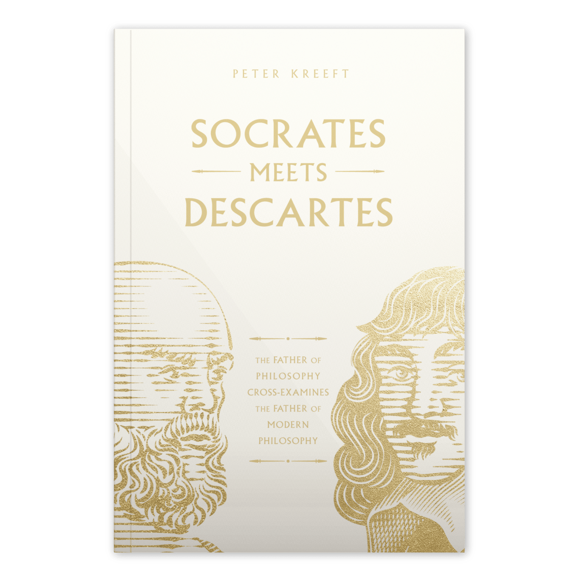 Cover of the Socrates Meets Descartes by Peter Kreeft featuring gold line art portraits of Socrates and Descartes with the subtitle about philosophy