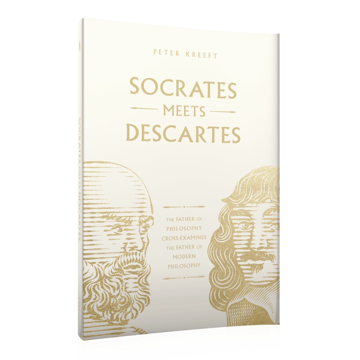 Cover of the book Socrates Meets Descartes by Peter Kreeft featuring gold line art portraits of Socrates and Descartes with the subtitle "The father of philosophy cross-examines the father of modern philosophy," philosophy book, paperback 9781685781590