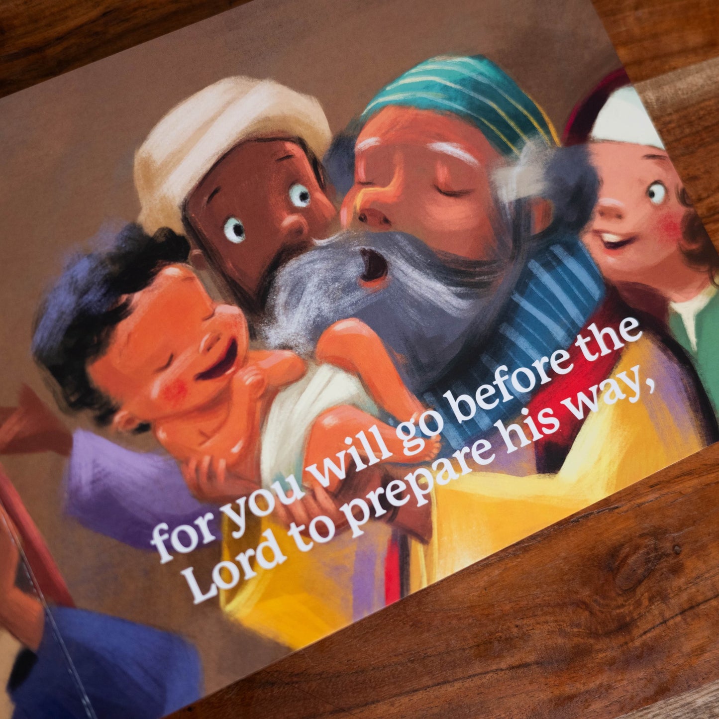The Song of Zechariah illustrated scene of biblical figures holding the child Jesus with the text "for you will go before the Lord to prepare his way," for ages 1-5, board book 9781685781538