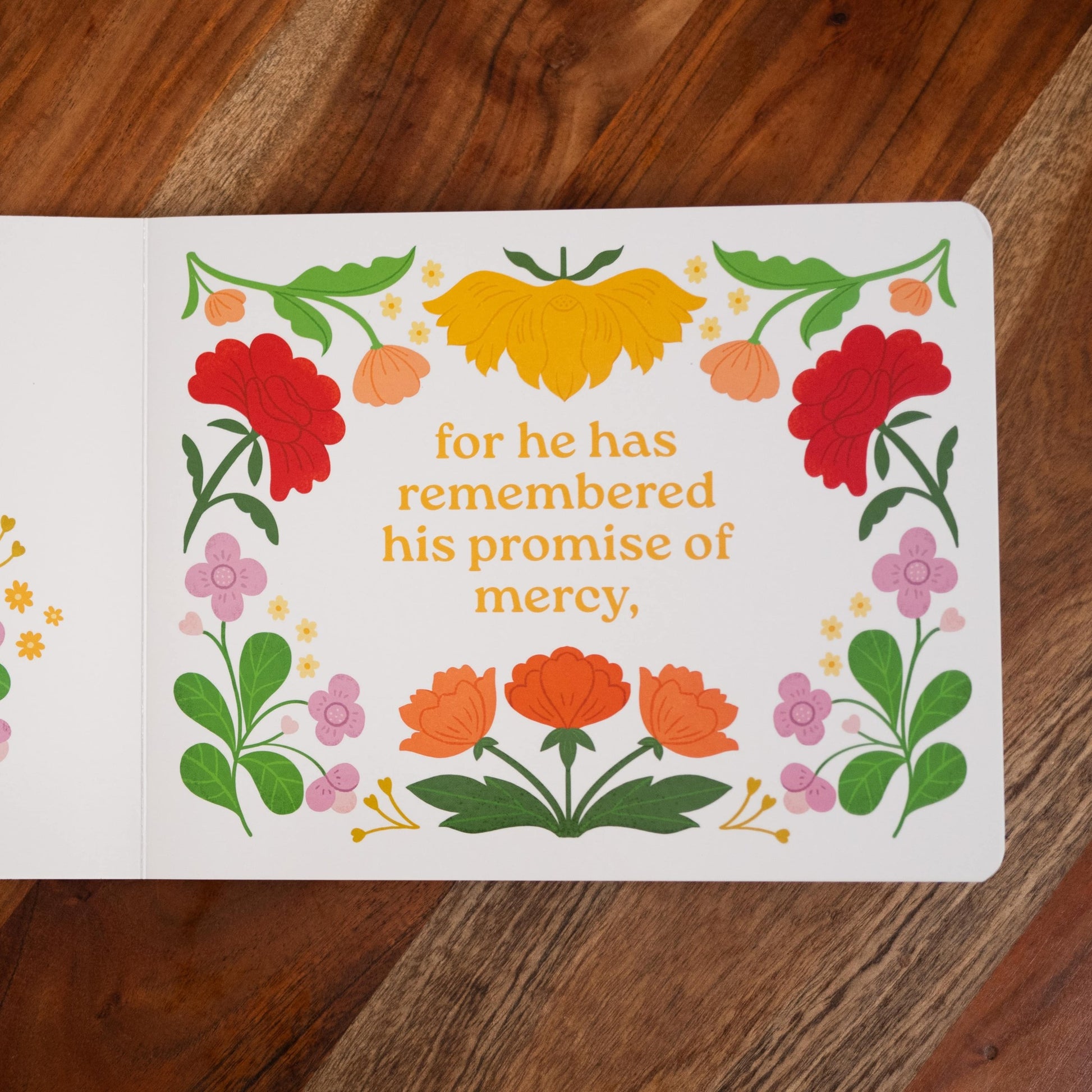 Magnificat Canticle of Mary showing a colorful floral border around the text "for he has remembered his promise of mercy," children's board book for ages 1-5, pray with scripture, 9781685781521
