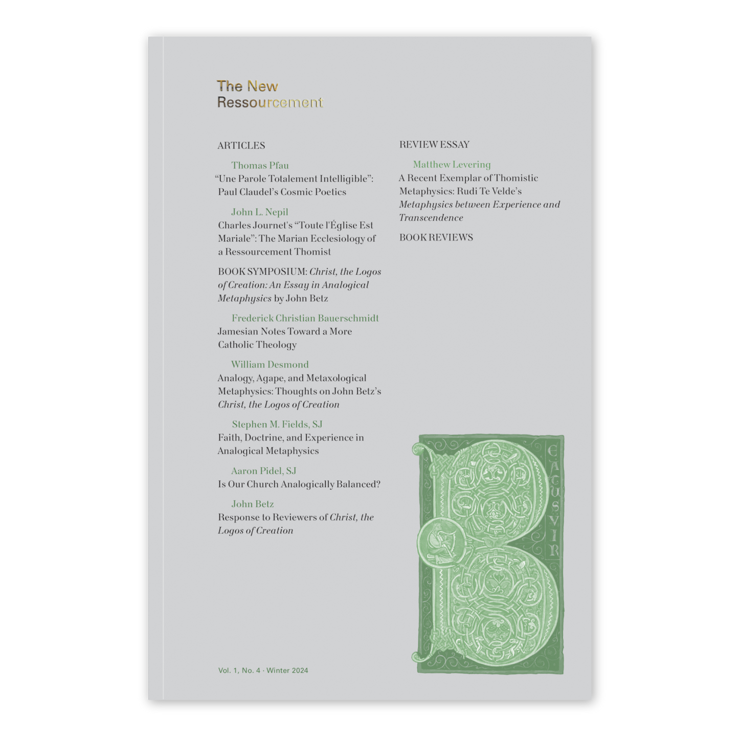 Cover of The New Ressourcement journal Winter 2024 edition displaying articles and essays on Catholic theology and metaphysics. Contributors include Matthew Levering and John Nepli