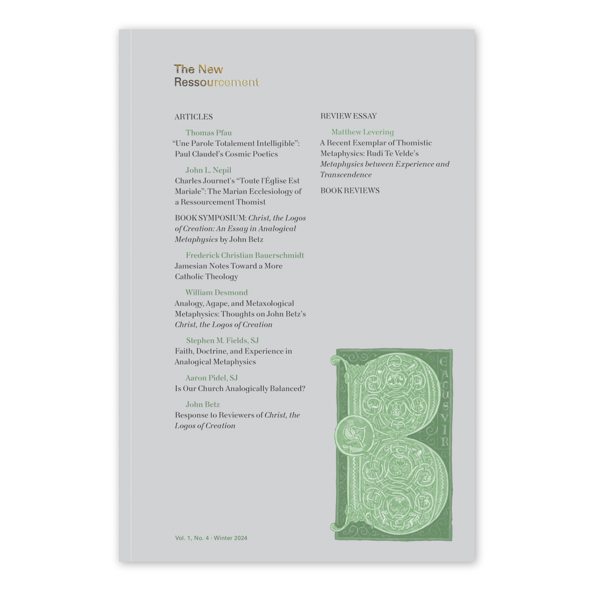 Cover of The New Ressourcement journal Winter 2024 edition displaying articles and essays on Catholic theology and metaphysics. Contributors include Matthew Levering and John Nepli