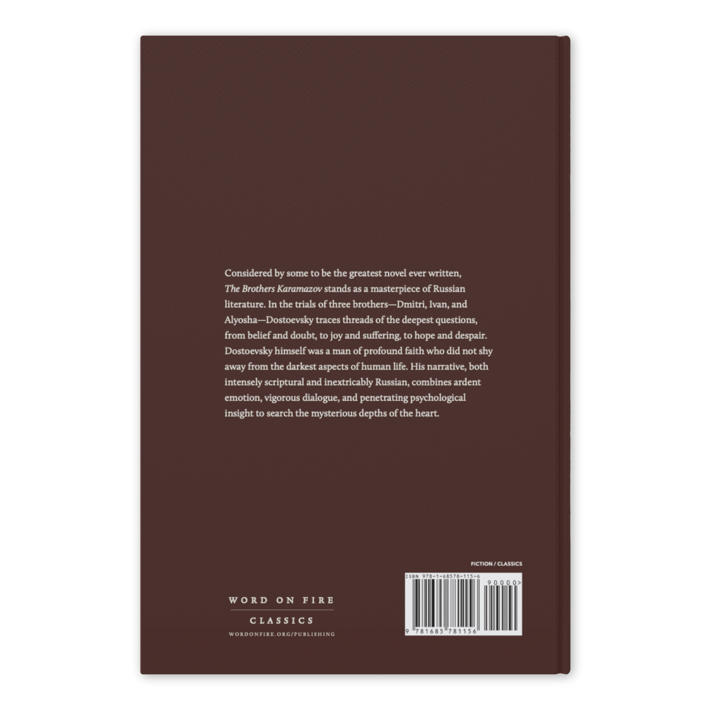 Back cover of "The Brothers Karamazov", Word on Fire Classics hardcover edition, 9781685781156