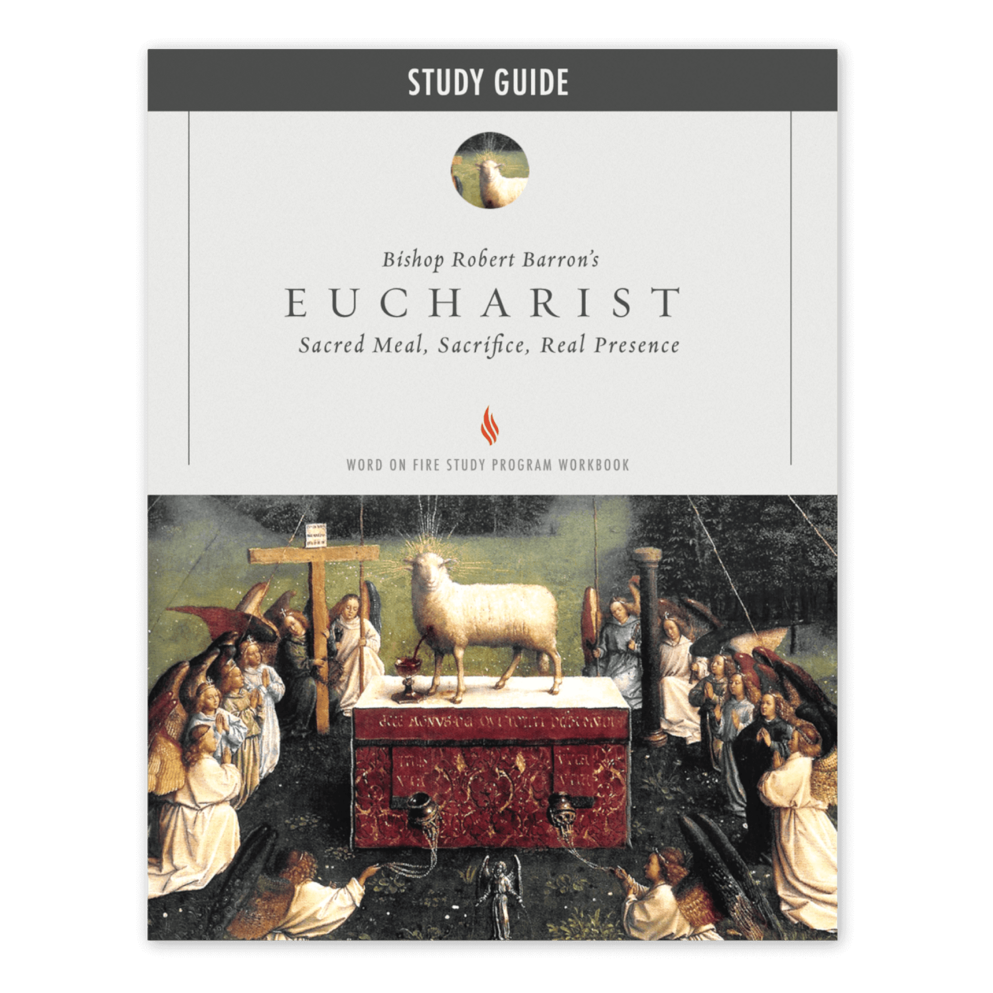 Cover of the Eucharist Study Guide featuring a classical religious painting of the Lamb of God on an altar surrounded by worshippers, contributors include Bishop Robert Barron, suitable for ages 18 and up, ISBN 9781959581743, paperback binding.