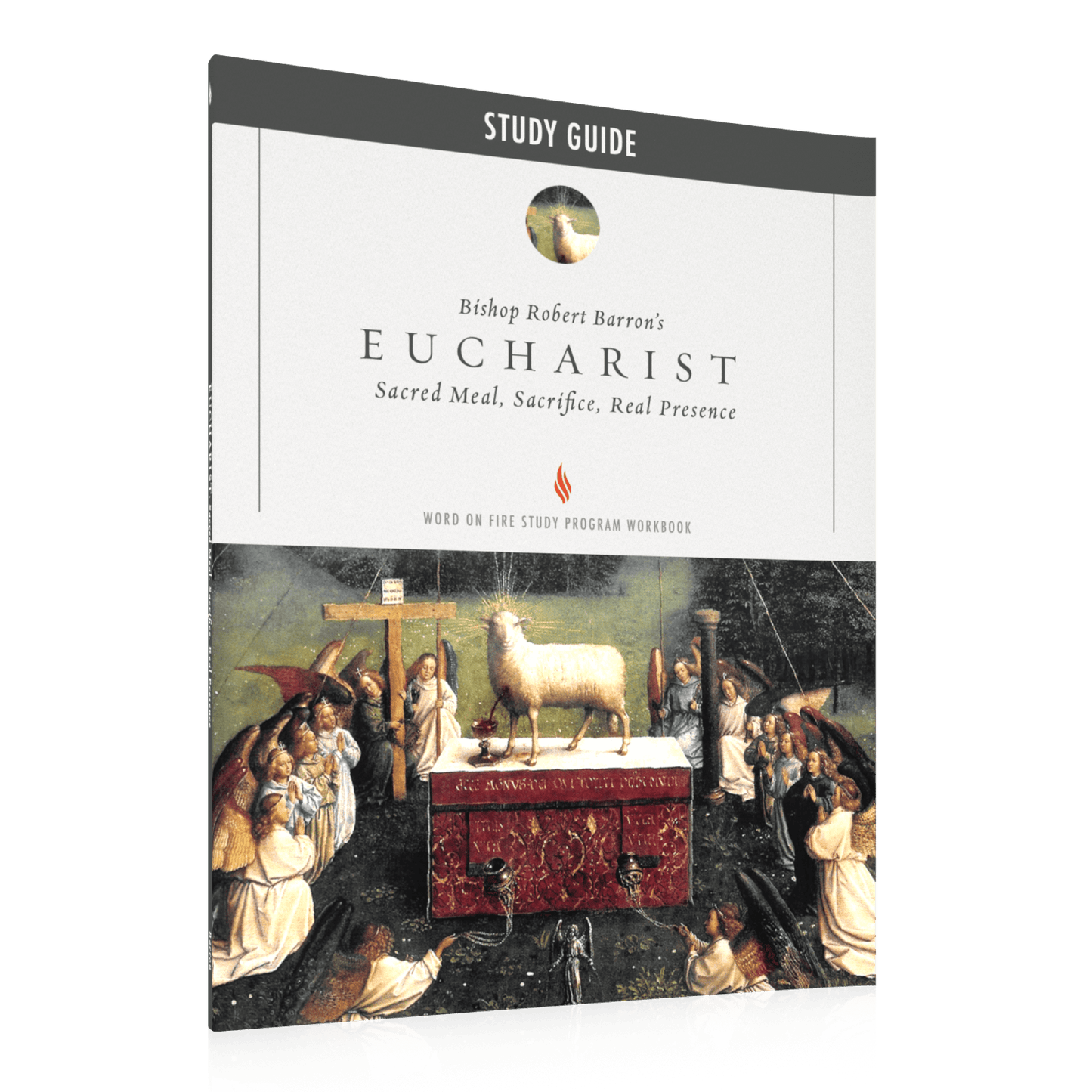 Eucharist Study Guide featuring a classical religious artwork of the Lamb of God on an altar surrounded by angels, contributors Bishop Robert Barron, suitable for ages 12 and up, ISBN included, paperback binding.