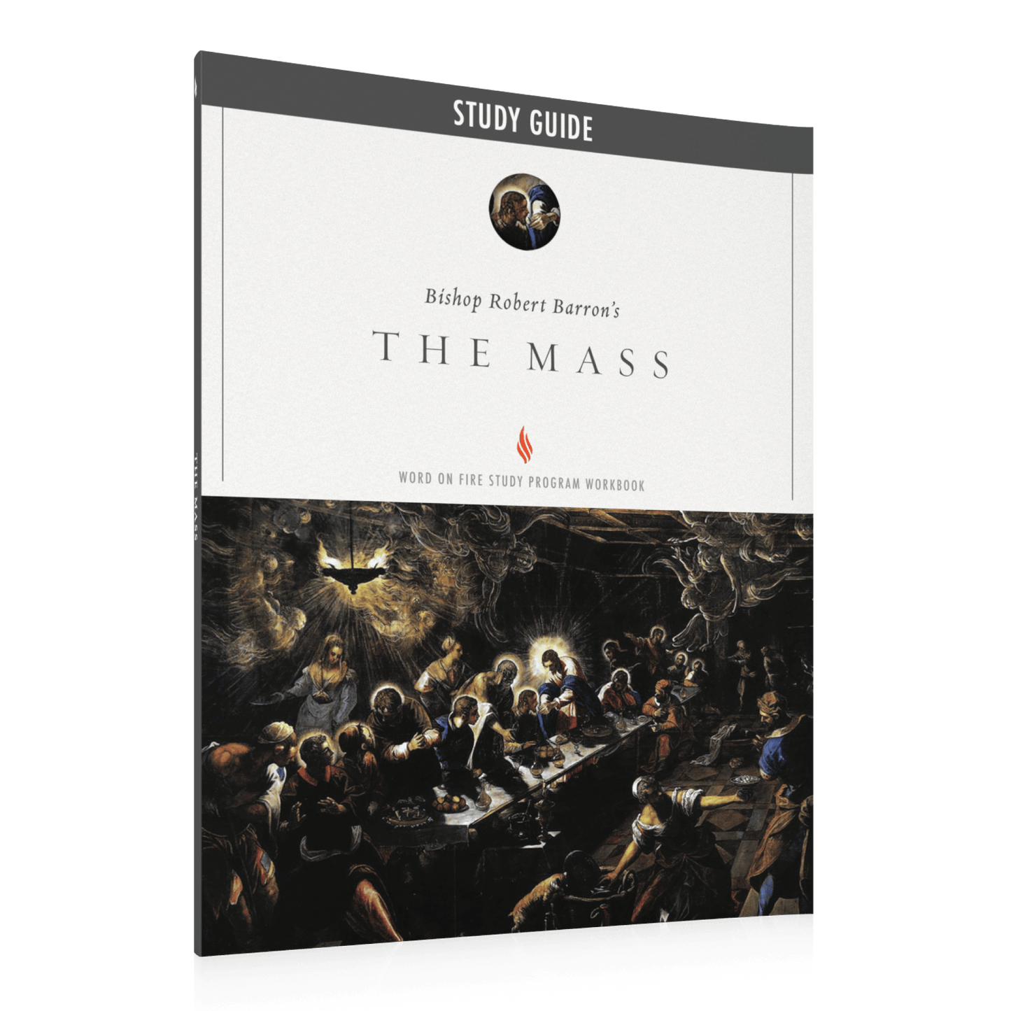 Cover of The Mass Study Guide study workbook featuring classical religious artwork of the Last Supper, intended for ages 16 and up, ISBN 9781683592201, paperback binding by Bishop Robert Barron.