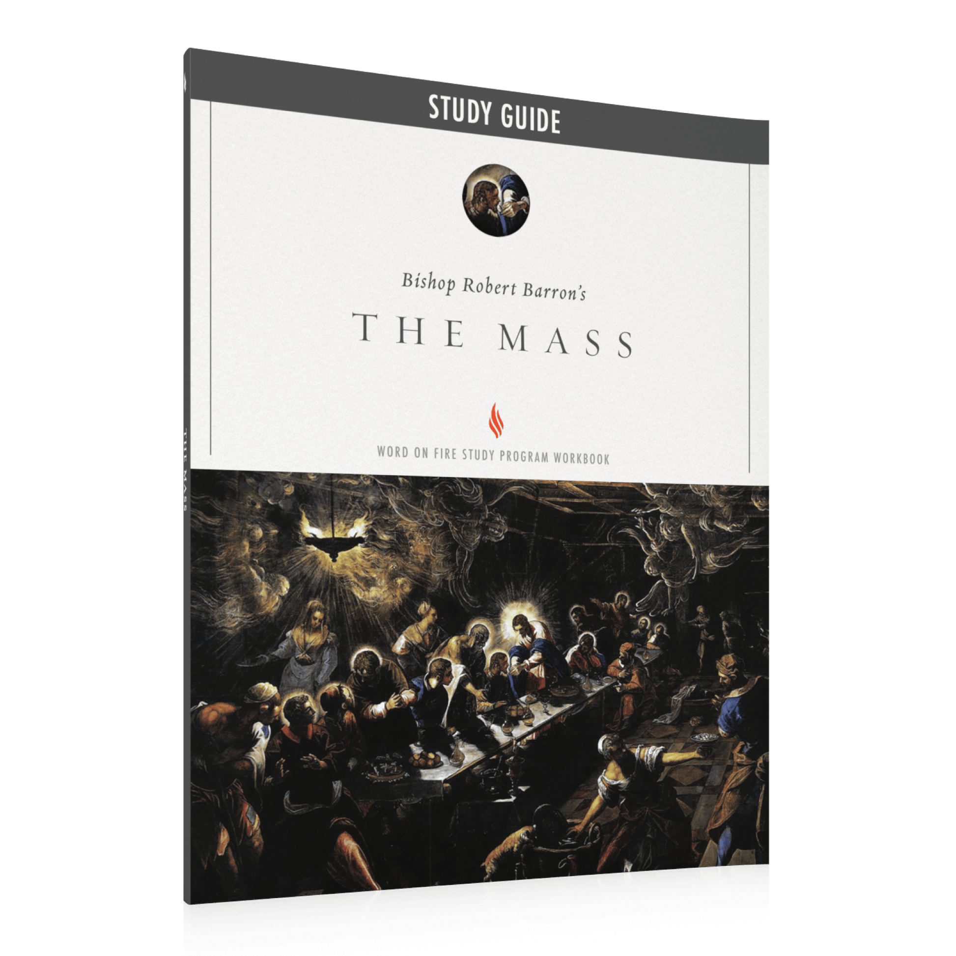 Cover of The Mass Study Guide study workbook featuring classical religious artwork of the Last Supper, intended for ages 16 and up, ISBN 9781683592201, paperback binding by Bishop Robert Barron.
