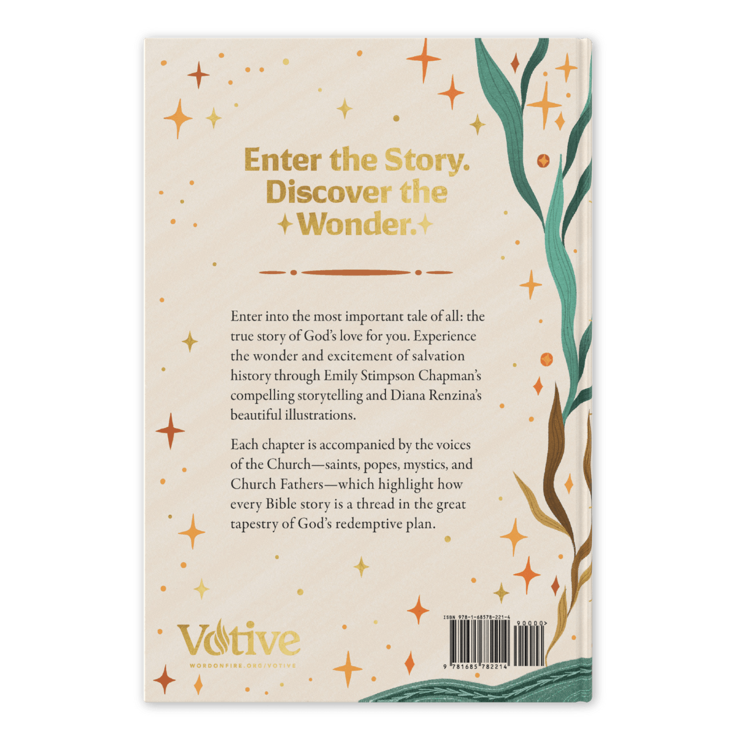 Back cover of The Story of All Stories book, by Emily Stimpson Chapman, illustrated Catholic children's bible, suitable for children ages 7-13, hardcover 9781685782214 