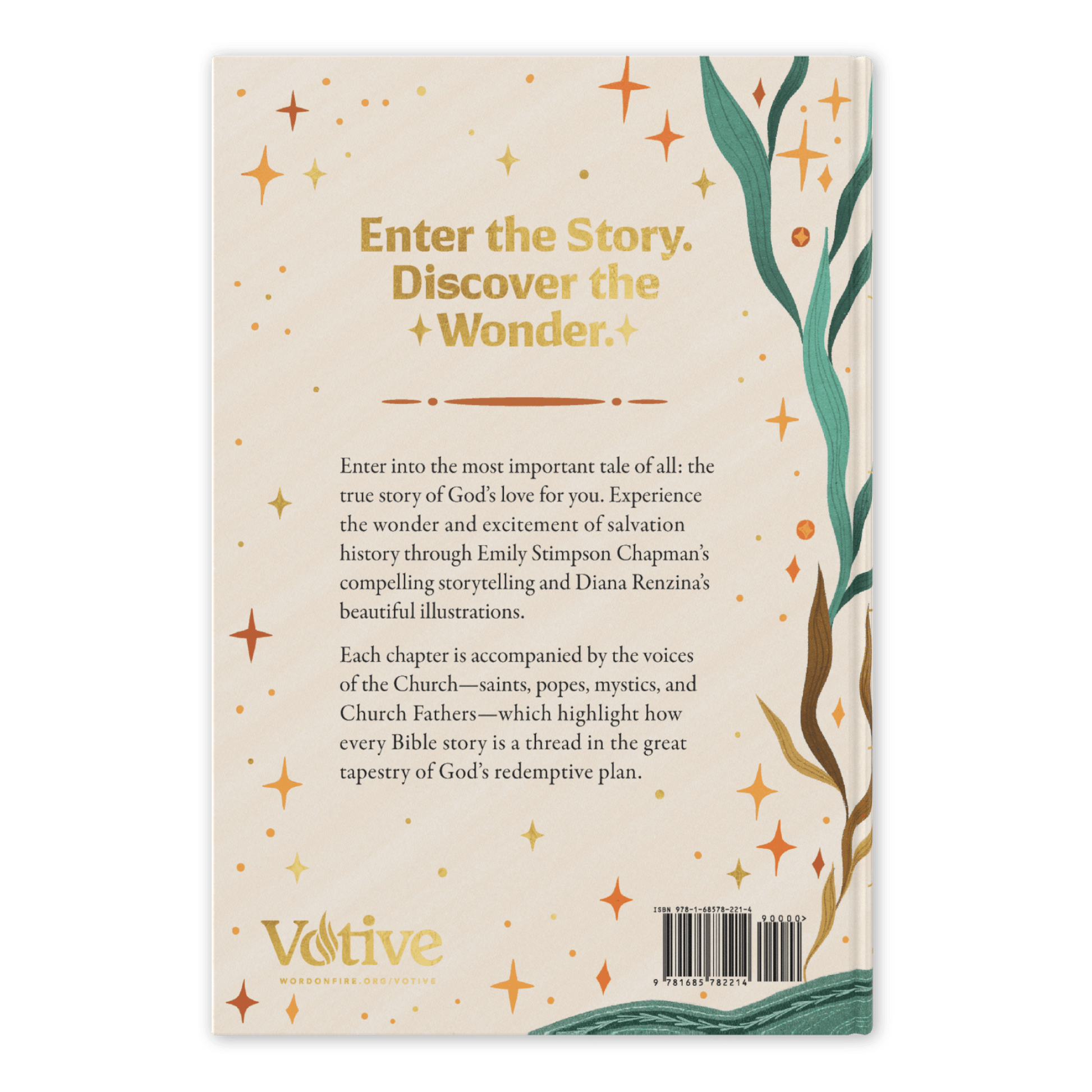 Back cover of The Story of All Stories book, by Emily Stimpson Chapman, illustrated Catholic children's bible, suitable for children ages 7-13, hardcover 9781685782214 