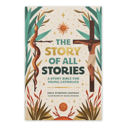The Story of All Stories book cover with Jesus on the cross, serpent on a branch, and sun symbols, by Emily Stimpson Chapman, illustrated Catholic children's bible, suitable for children ages 7-13, hardcover 9781685782214 