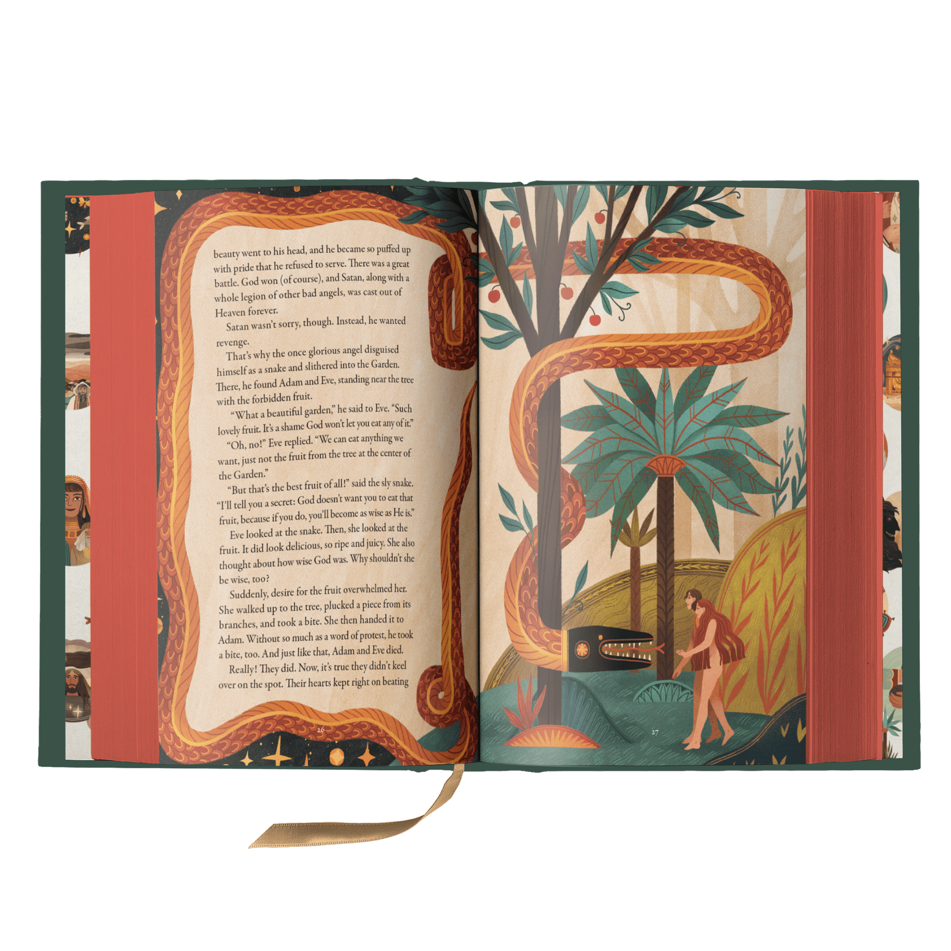 Open book titled The Story of All Stories showing colorful biblical illustrations and text, by Emily Stimpson Chapman, illustrated Catholic children's bible, suitable for children ages 7-13, hardcover 9781685782214 
