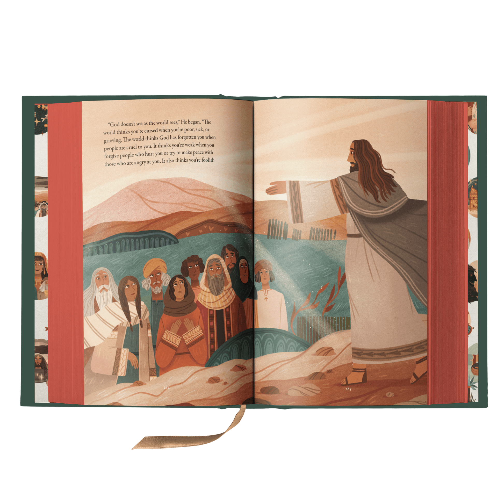 Open book "The Story of All Stories" showing illustrated biblical scene with Jesus teaching a diverse group of people, by Emily Stimpson Chapman, illustrated Catholic children's bible, suitable for children ages 7-13, hardcover 9781685782214 