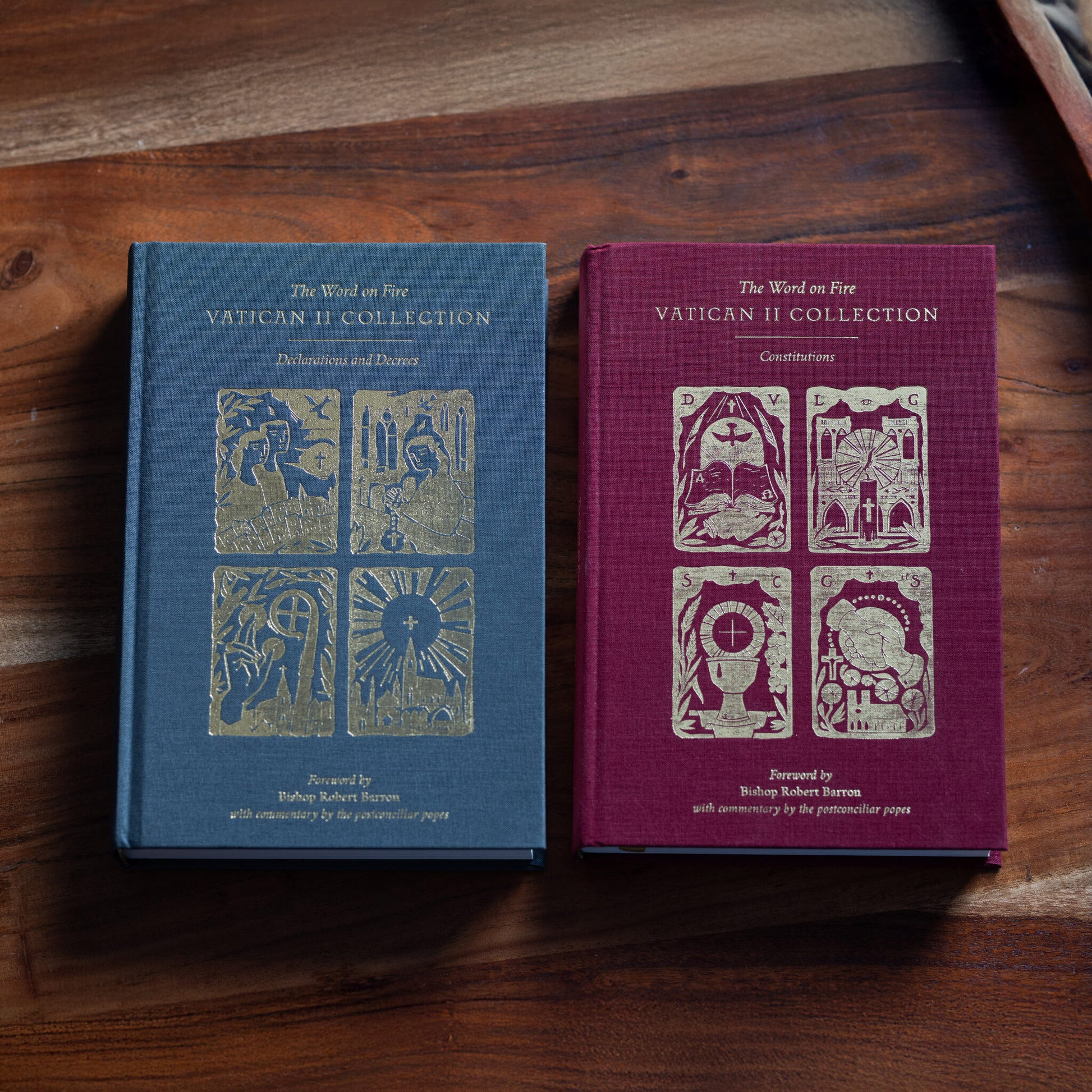 Two hardcover books from The Vatican II Bundle, part of the Word on Fire Vatican II Collection, featuring religious illustrations on blue and burgundy covers, foreword by Bishop Robert Barron, edited by Matthew Levering