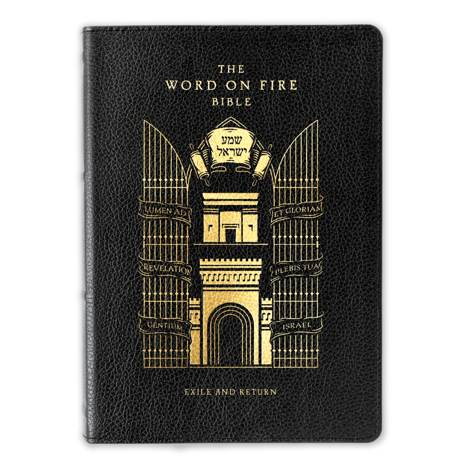 The Word on Fire Bible (Volume V): Exile and Return with black leather binding features gold embossed lettering and design, published by Word on Fire, genuine leather edition