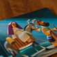 Illustrated scene from The Song of Zechariah showing biblical characters Mary and Joseph riding a donkey under a starry sky