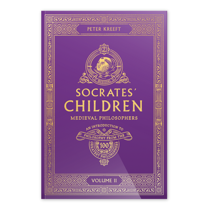 Purple book cover of Socrates' Children Volume II: Medieval Philosophers by Peter Kreeft, featuring gold ornate border and medieval philosopher illustration, part of Socrates Children book series, philosophy book, overview of philosophers throughout history, paperback 9781685780111