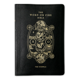 The Word on Fire Bible (Volume I): The Gospels with black leather binding features gold embossed symbols representing the four evangelists, suitable for spiritual growth and evangelization, part of the Word on Fire Bible series, contributors include Bishop Robert Barron